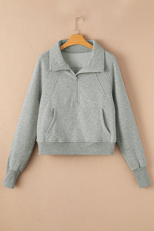 Gray Zip Up Stand Collar Ribbed Thumbhole Sleeve Sweatshirt 1b7edaf635c5d23c