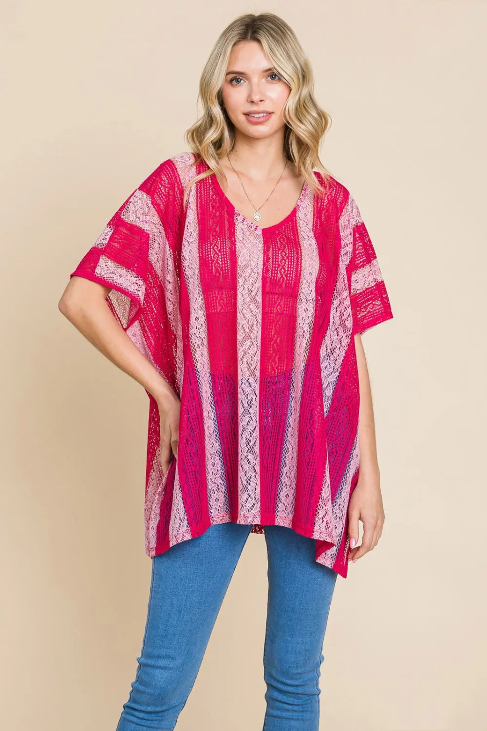 Cotton Bleu by Nu Label V Neck Drop Shoulder Oversize Top Fuchsia 1b7f65cd-1eca-491c-b6ea-805f60d8627c-Max