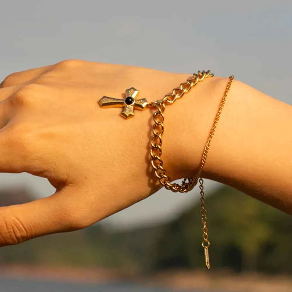 Stainless Steel Imitation Gemstone Cross Shape Pendant Bracelet 1b80144b-f414-4937-89a7-33fe4a75046e-Max