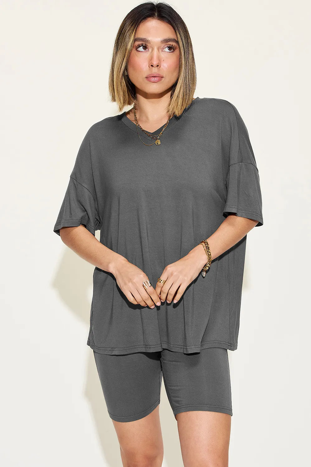 Basic Bae Full Size V-Neck Drop Shoulder T-Shirt and Shorts Set Dark Gray 1b832c78-be33-4f9c-96d5-8ef0d3123ca9-Max