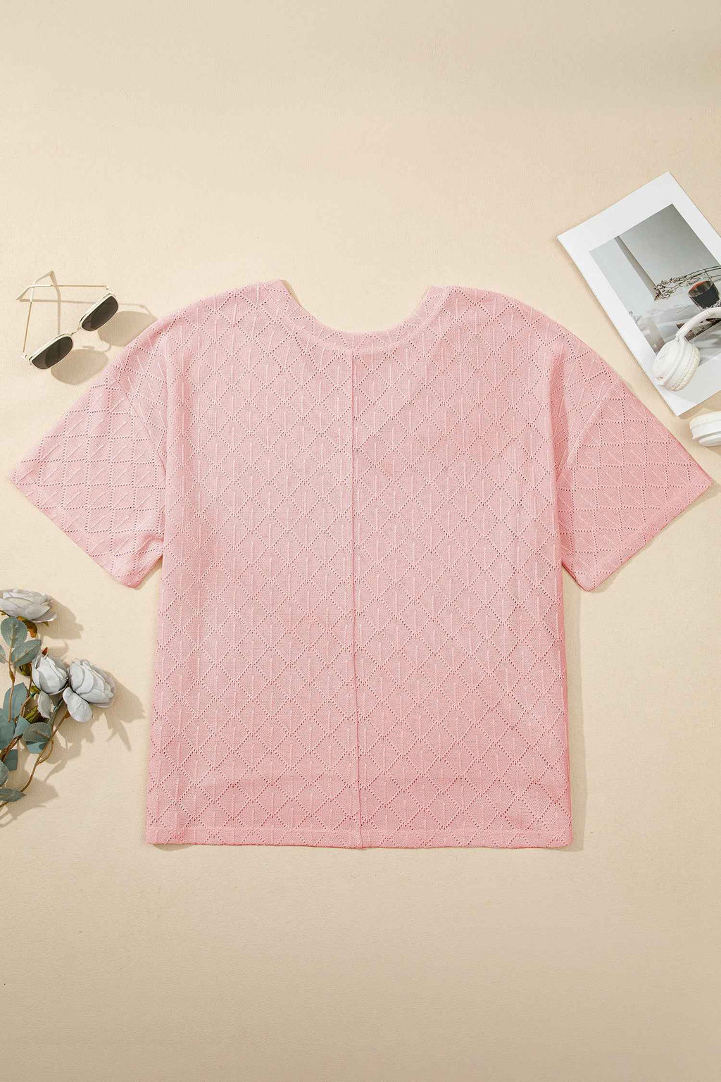 Light Pink Pointelle Rhombus Knit Plus Size V Neck Loose Top 1b87e150f51e3328