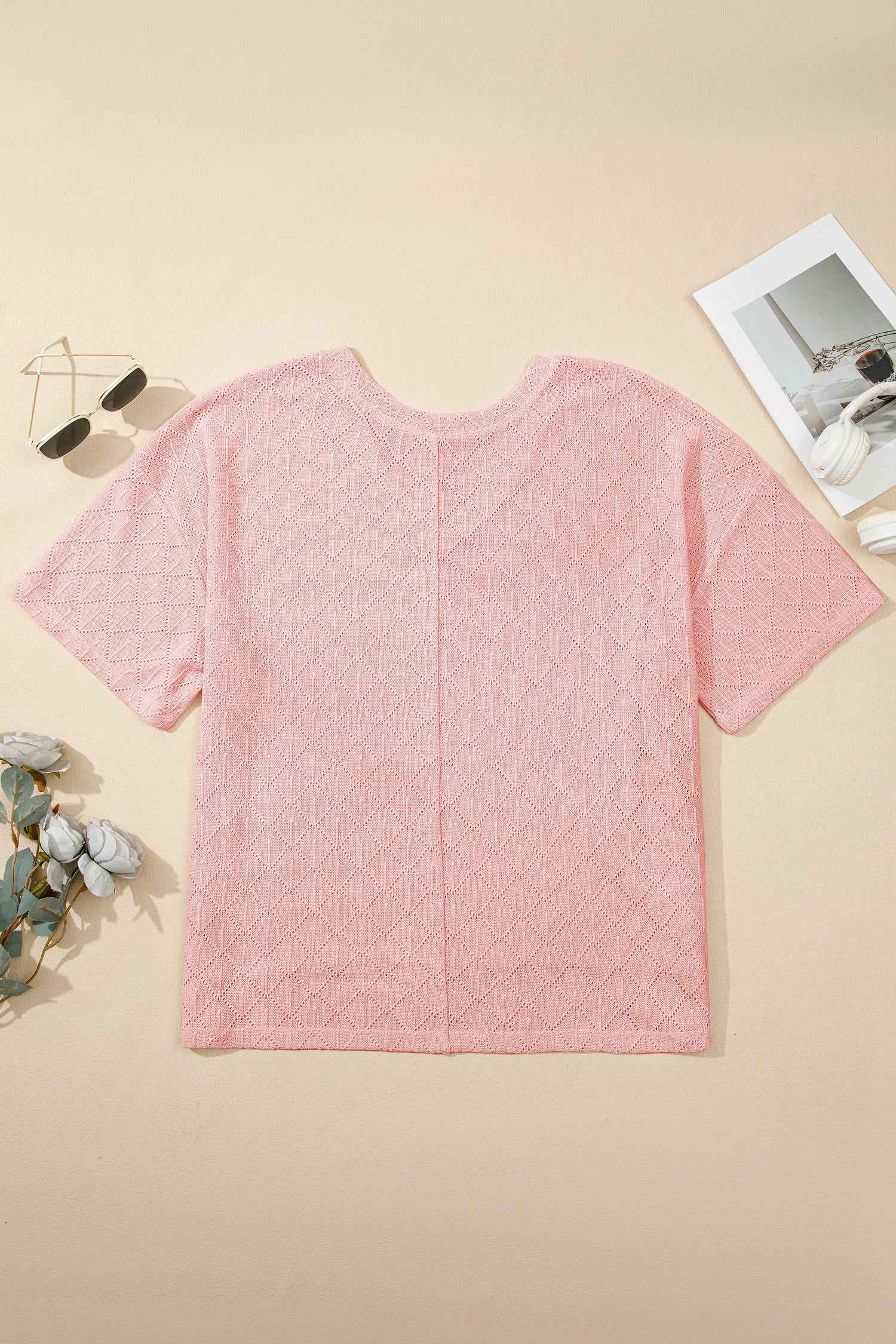 Light Pink Pointelle Rhombus Knit Plus Size V Neck Loose Top 1b87e150f51e3328