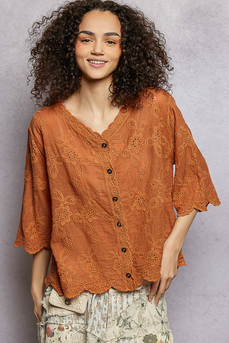 POL Floral Eyelet V-Neck Salloped Shirt CAMEL One Size 1b8bedce-5e48-45d6-b44c-e9322cd92fb2-Max