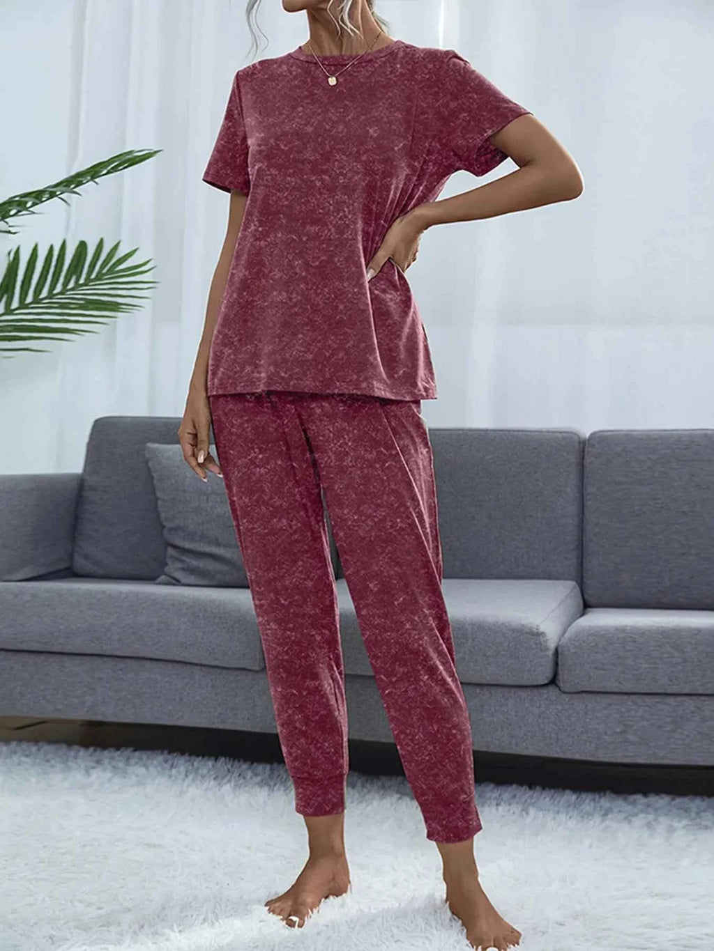 Round Neck Short Sleeve Top and Pants Lounge Set 1b8d0044a1be469fa9d6ae30d8563389-Max-Origin