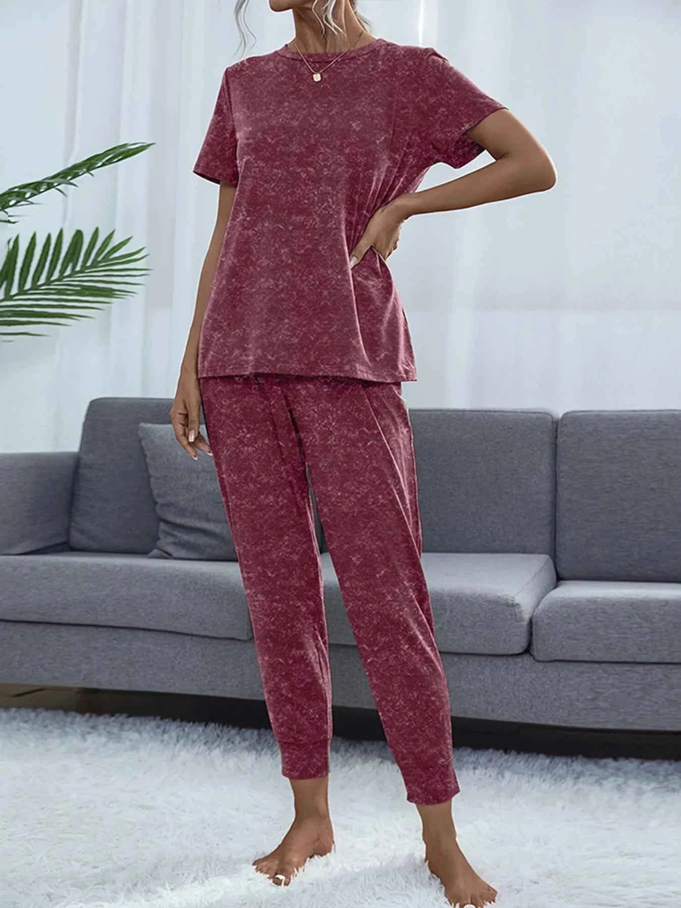 Round Neck Short Sleeve Top and Pants Lounge Set 1b8d0044a1be469fa9d6ae30d8563389-Max-Origin