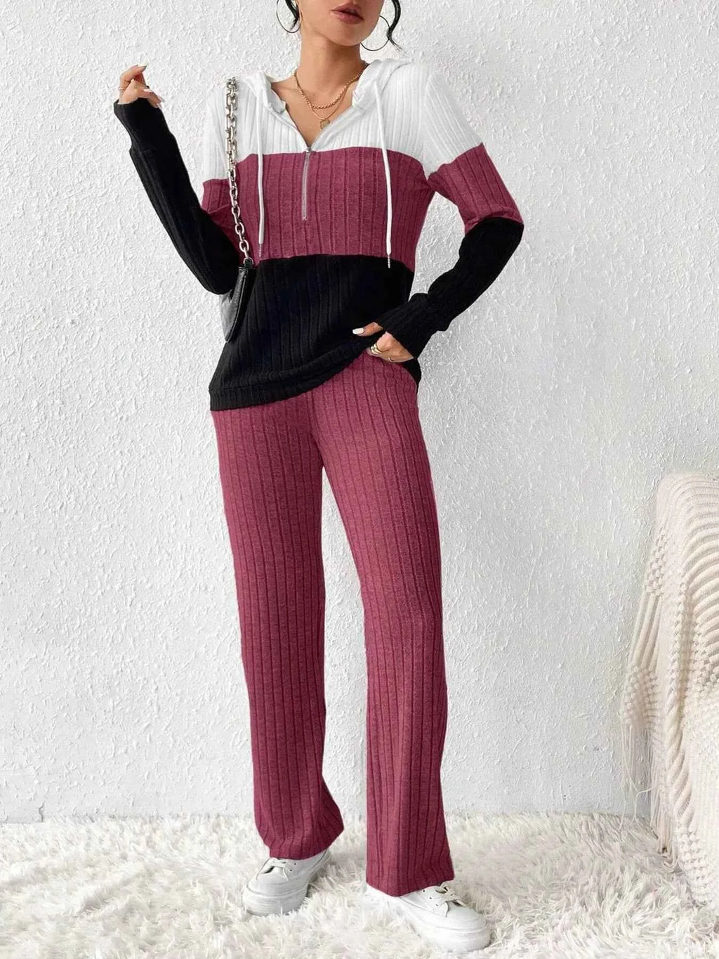 Color Block Half Zip Hooded Top and Pants Set 1b913598606f4bd5905c5b76630651e0-Max-Origin