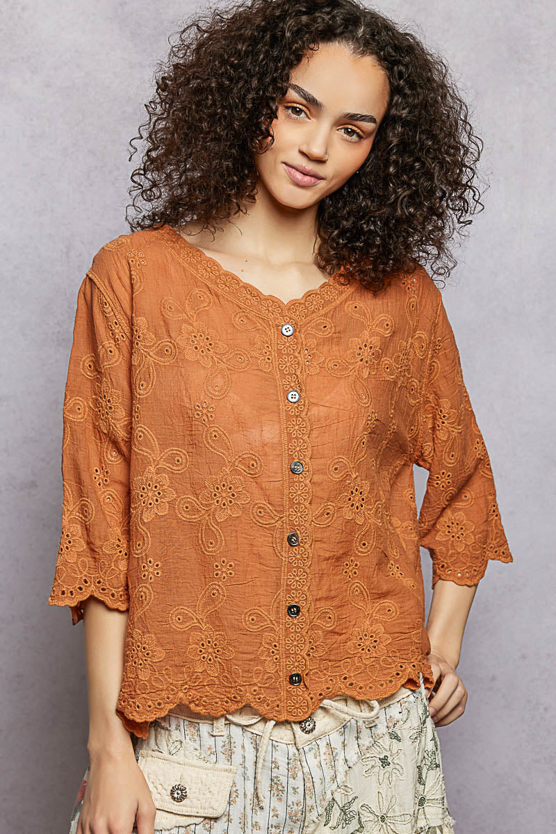 POL Floral Eyelet V-Neck Salloped Shirt 1b94201b-5e31-4a4a-863f-889dfd33e927-Max