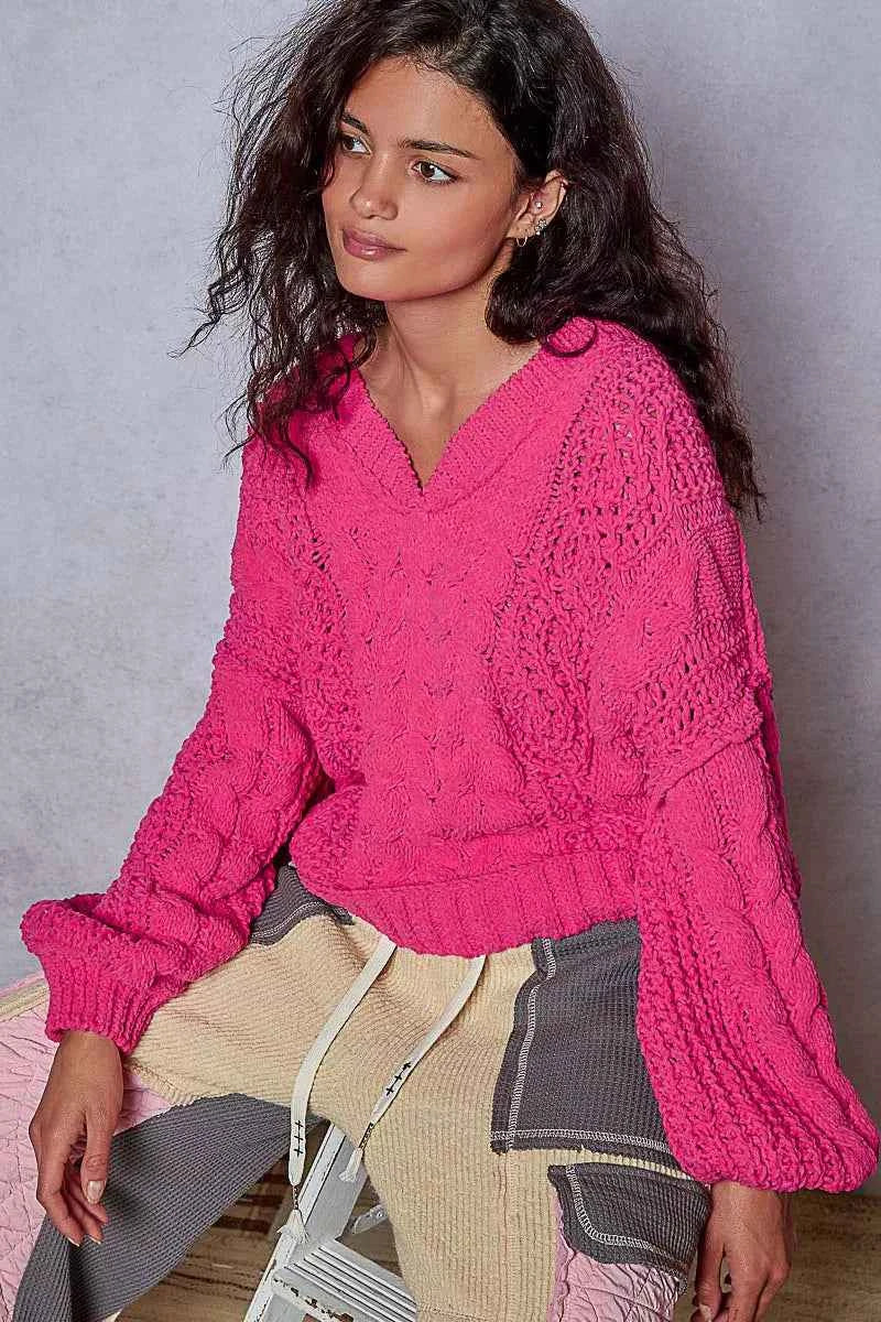 Cable-Knit Solid V-Neck Cropped Sweater 1b97b83f-0f2a-4d03-8332-a1795ebbcb91-Max-Origin