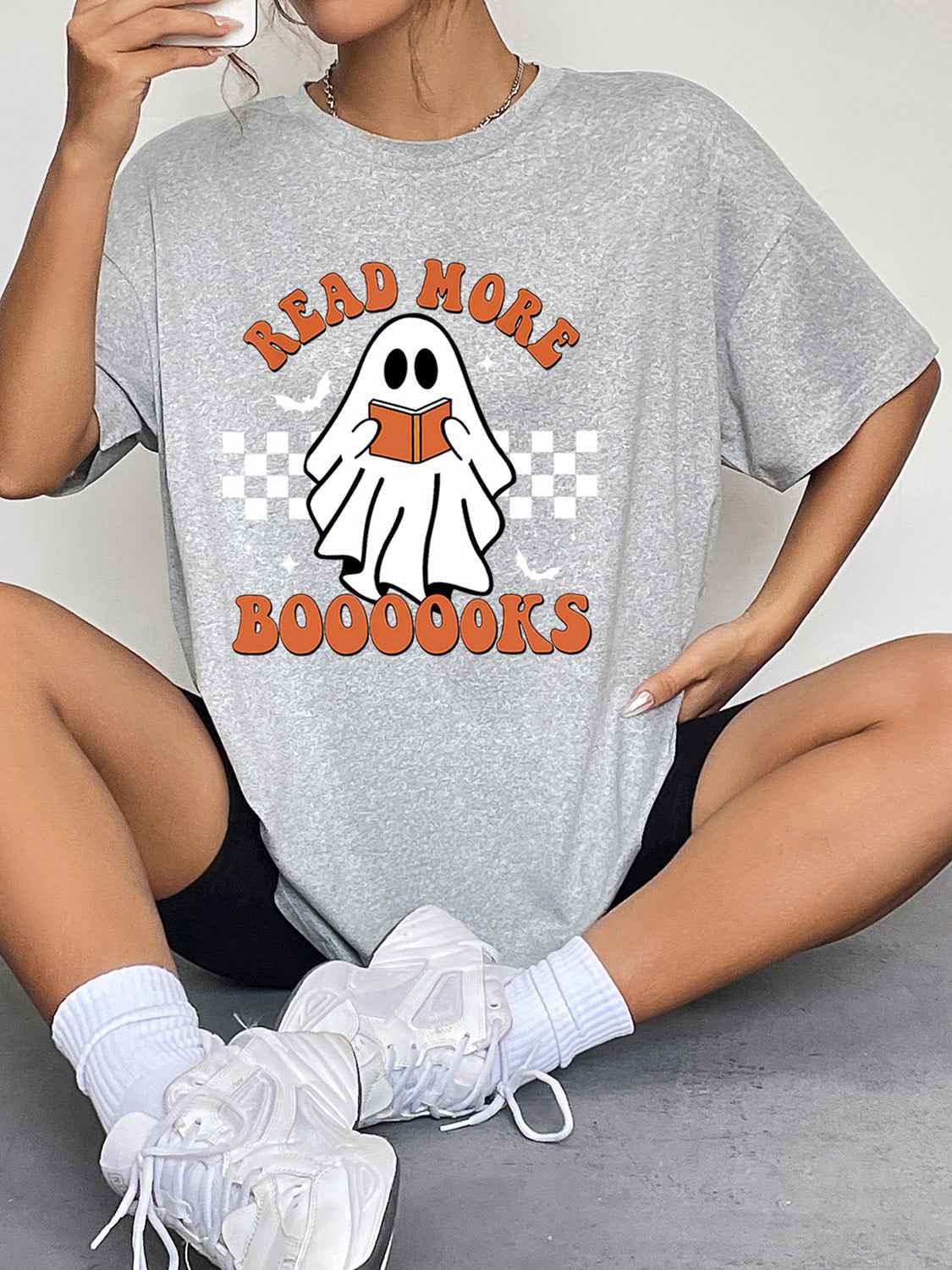 Round Neck Short Sleeve Ghost Graphic T-Shirt Cloudy Blue 1b98efa656364592a5319c21ef1cf7ed-Max