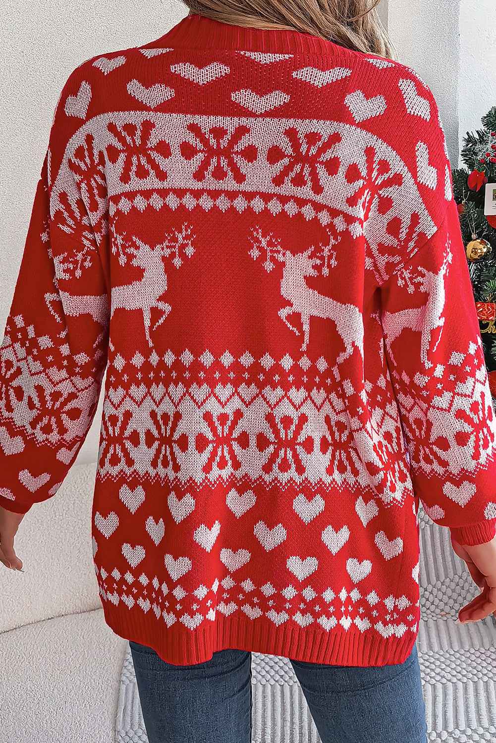 Fiery Red Christmas Reindeer Heart Pattern Pocket Knit Cardigan 1b9d6c0045361a78