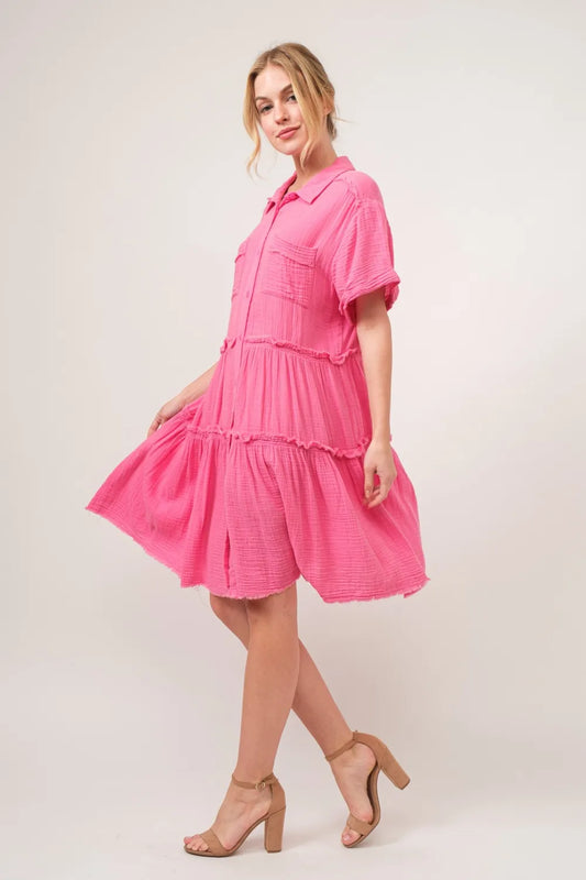 Full Size Raw Edge Washed Tiered Shirt Dress - 100% Cotton 1b9f787e-8991-41f1-b586-89a7d1ad6bca-Max