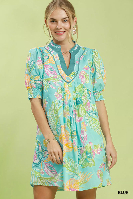Botanical Print Dress with Smocked Cuffs BLUE 1badb3e3-6a8a-472f-877e-9e9888a86227-Max-Origin