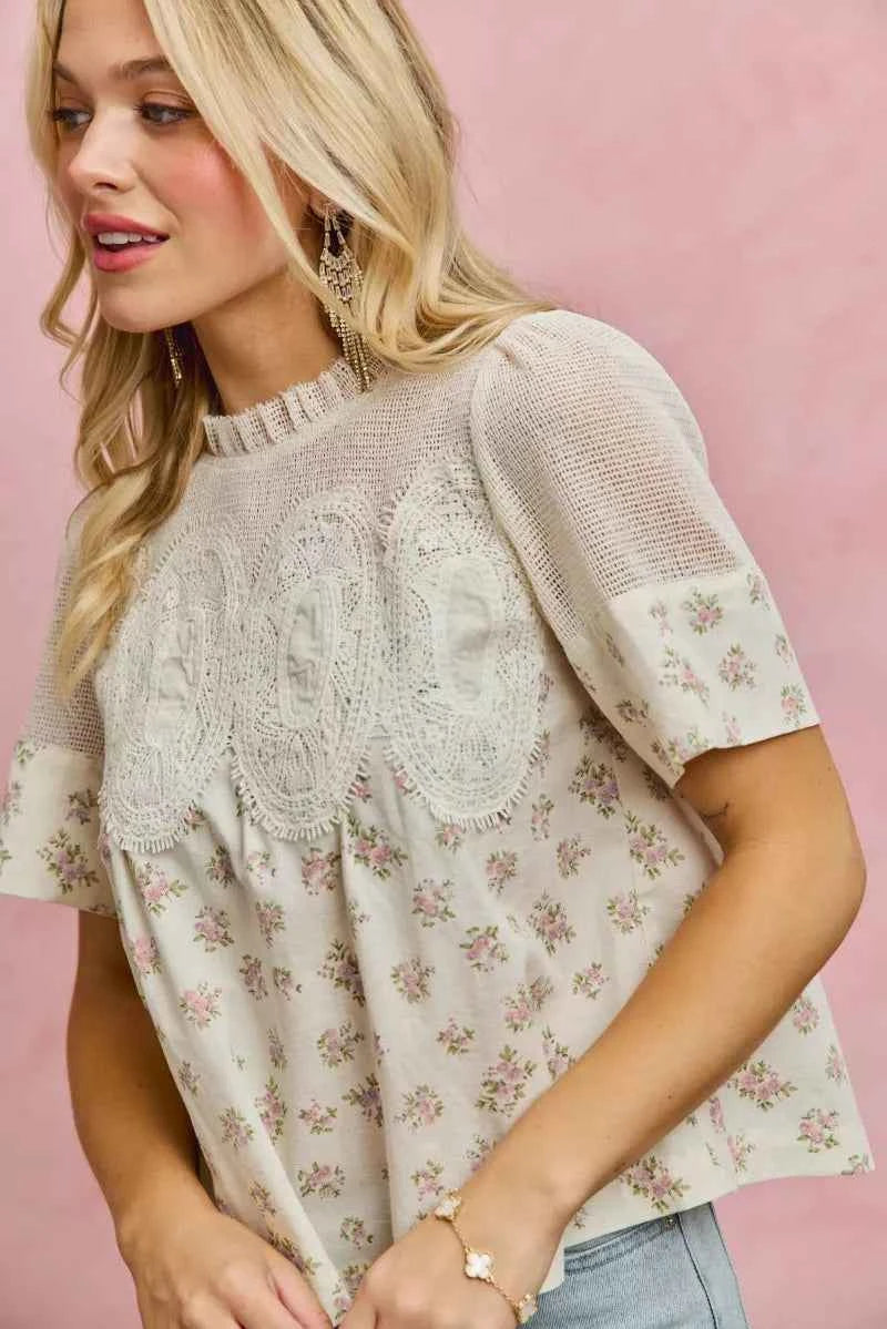 SO ME Floral Print Lace Trim Cotton Blouse BLUSH 1bb2d8cb7e254d6aad845906b5ccdb77-Max-Origin