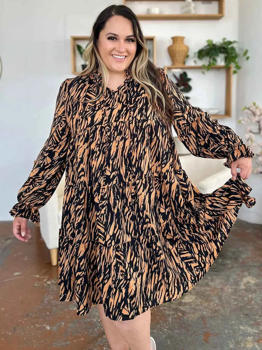 Double Take Full Size Printed Ruffle Hem Long Sleeve Dress 1bb6d35d-219f-4d0b-8af5-3361f70f877d-Max