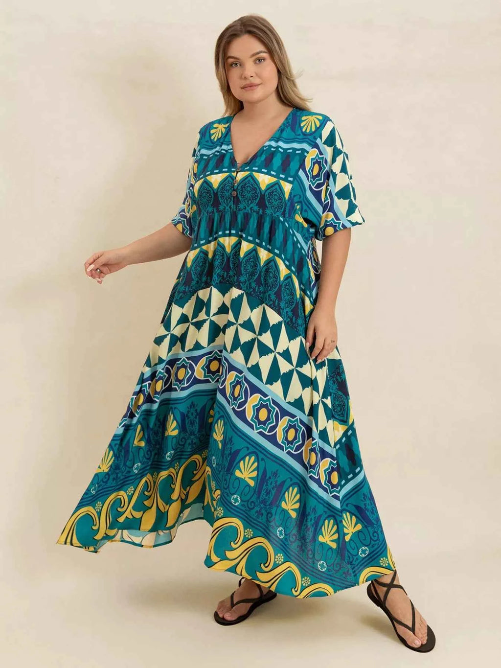 Plus Size Printed V-Neck Half Sleeve Midi Dress Deep Teal 1bb8bc51-2430-4703-a142-7f5cef1f98e1-Max-Origin