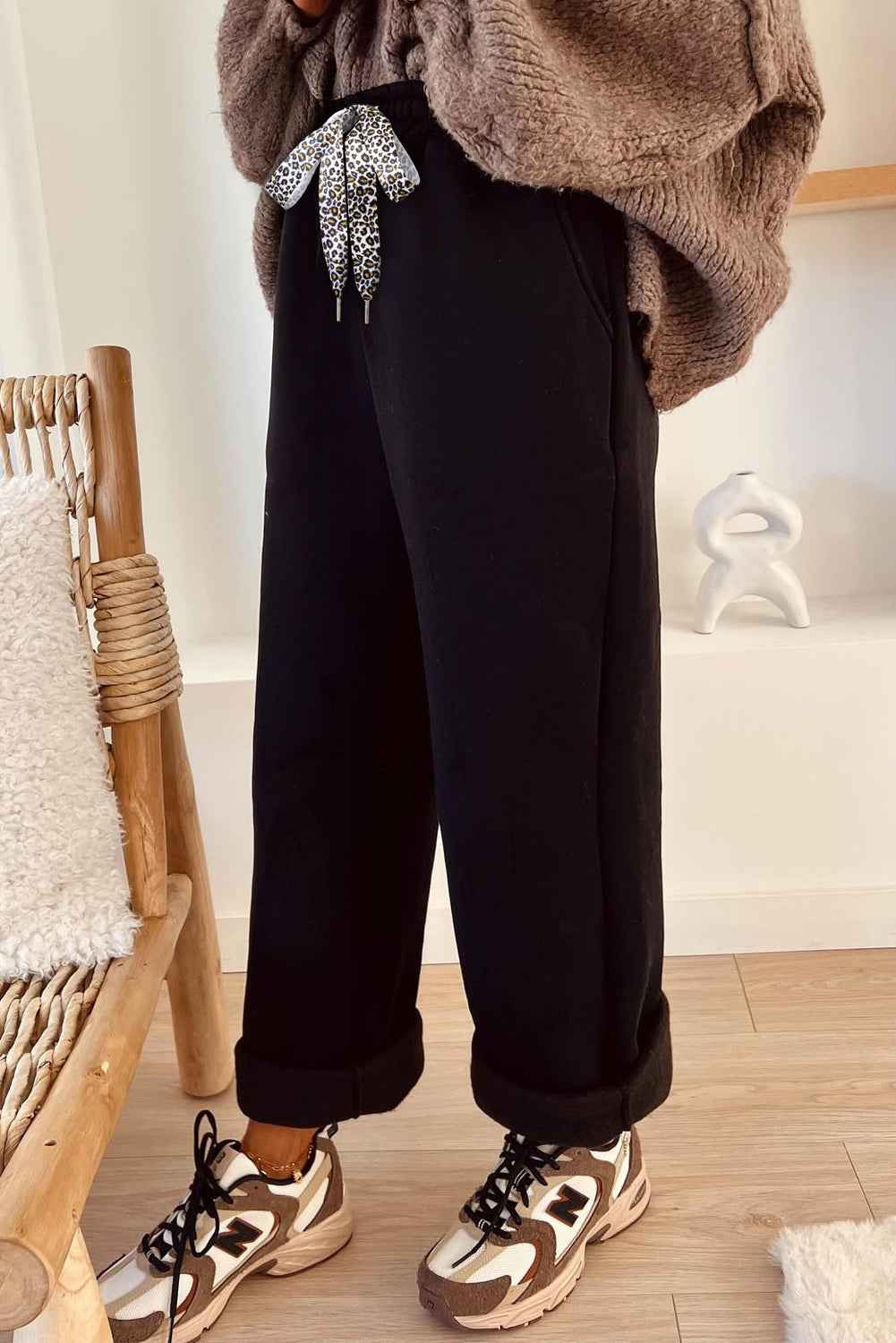 Oatmeal Fleece Lined Leopard Drawstring Elastic Waist Solid Pants 1bbc78ab17024f3b