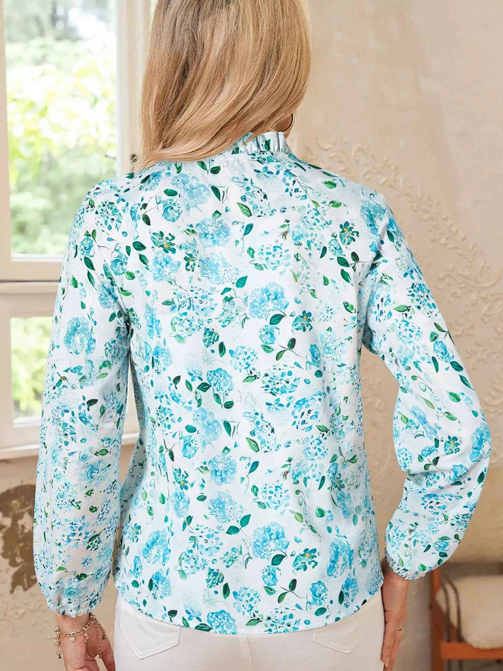 Floral Print Frilled Trim Tie Neck Elastic Cuffs Long Sleeve Blouse 1bc015d7dfc04531bf1869106d52be7b-Max-Origin