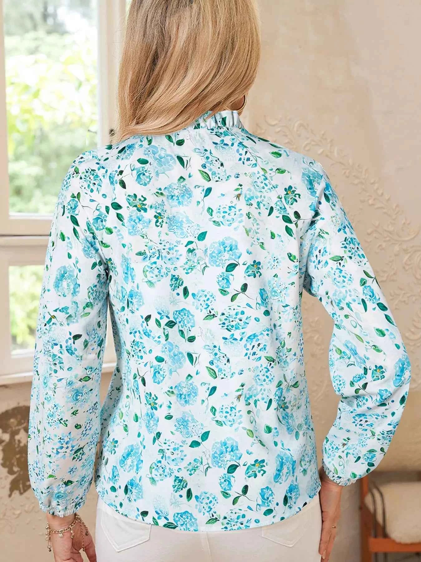 Floral Print Frilled Trim Tie Neck Elastic Cuffs Long Sleeve Blouse 1bc015d7dfc04531bf1869106d52be7b-Max-Origin