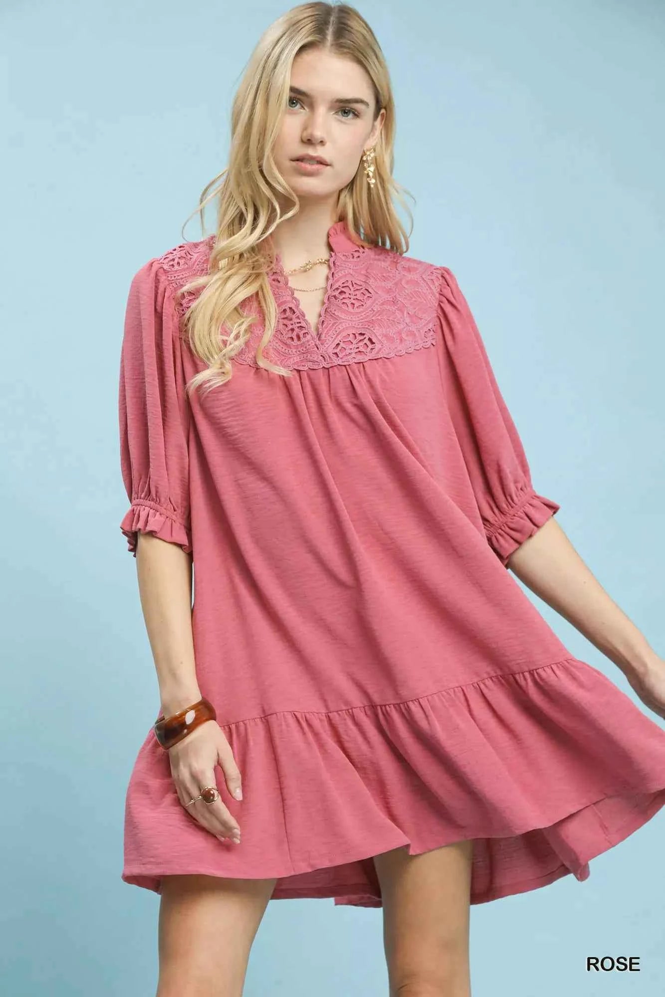 Umgee Lace Yoke Tiered Mini Dress ROSE 1bc36338-e0fc-4c72-b0f0-9bb76f3a1ea4-Max-Origin
