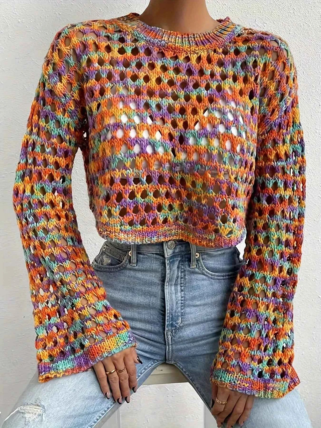 Rainbow Crochet Hollow Out Cropped Sweater