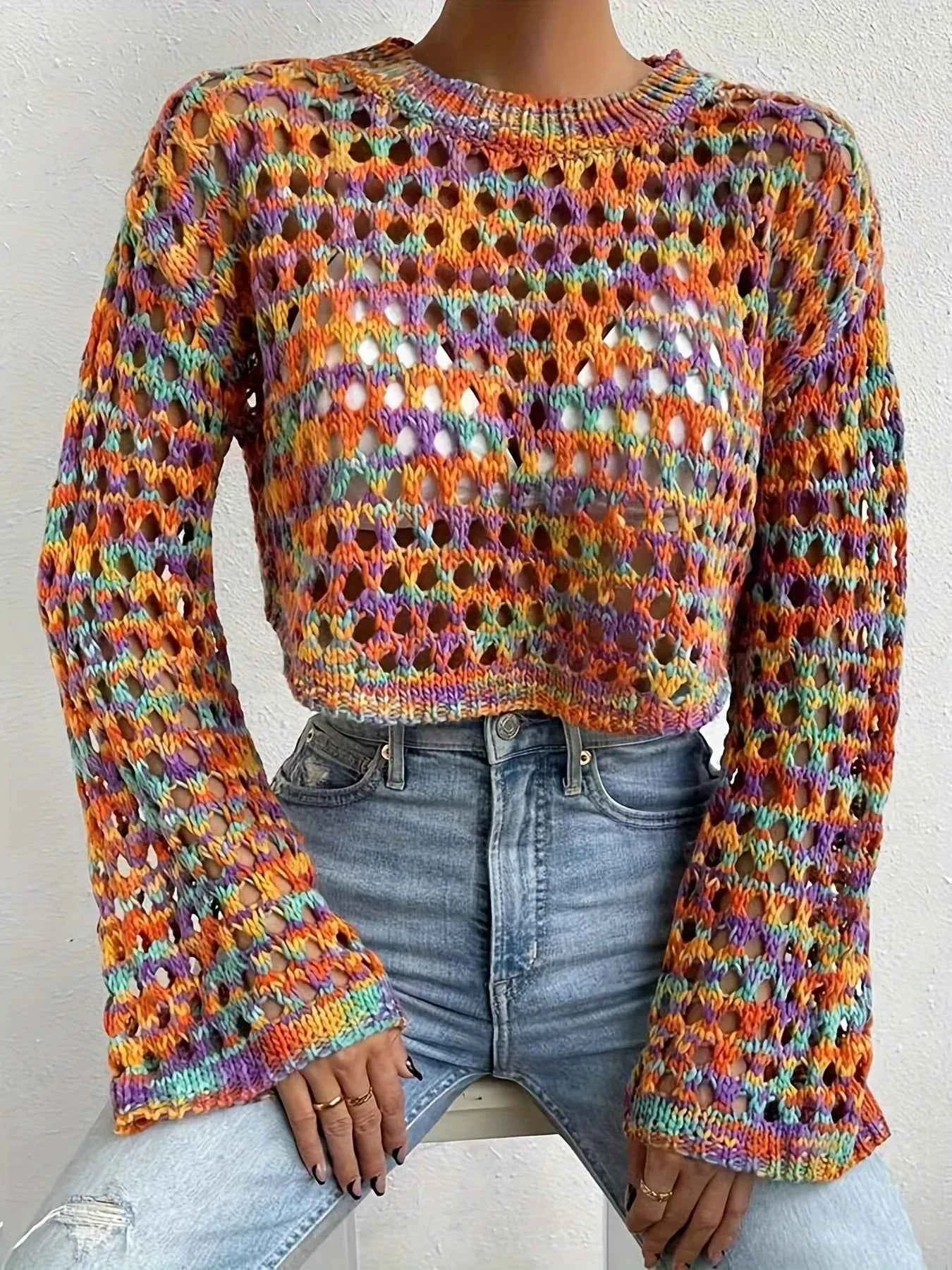 Rainbow Crochet Hollow Out Cropped Sweater