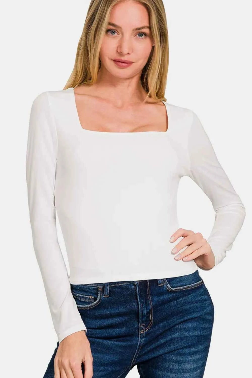 Zenana Square Neck Fitted Long Sleeve T-Shirt 1bc91bb2-5cd7-40c5-ae4a-2da86f782c71-Max
