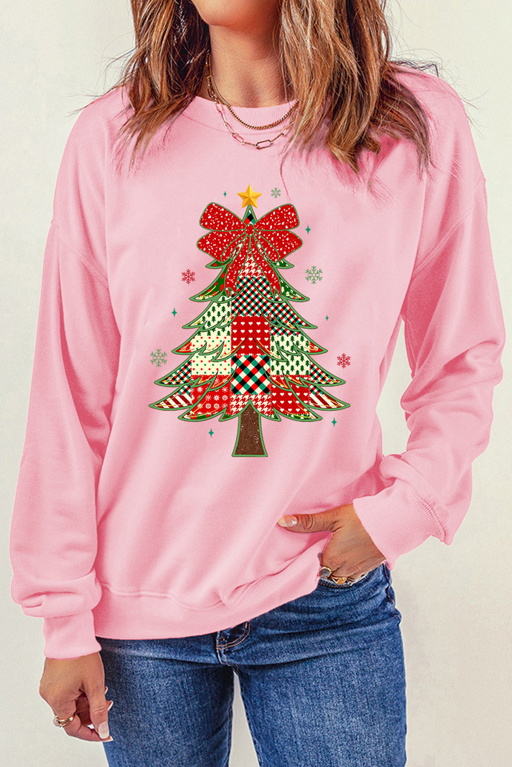 Pink Multi-pattern Checkered Christmas Tree Womens Drop Shoulder Sweatshirt 1bc981ee640bb29c