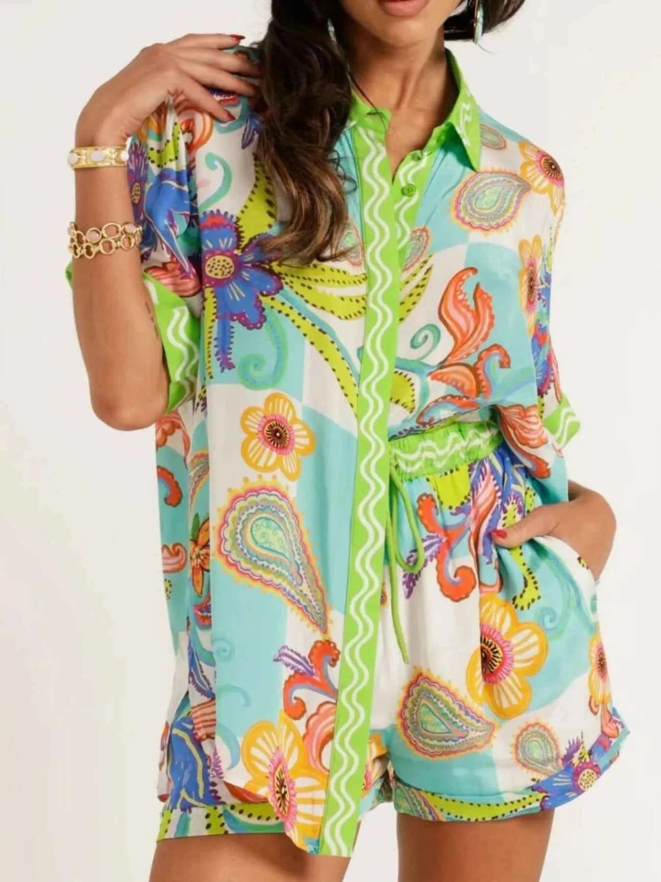 Printed Button Up Shirt and Shorts Set Green 1bc99e29-8ba6-4d7f-b03a-35e81c6b914d-Max-Origin
