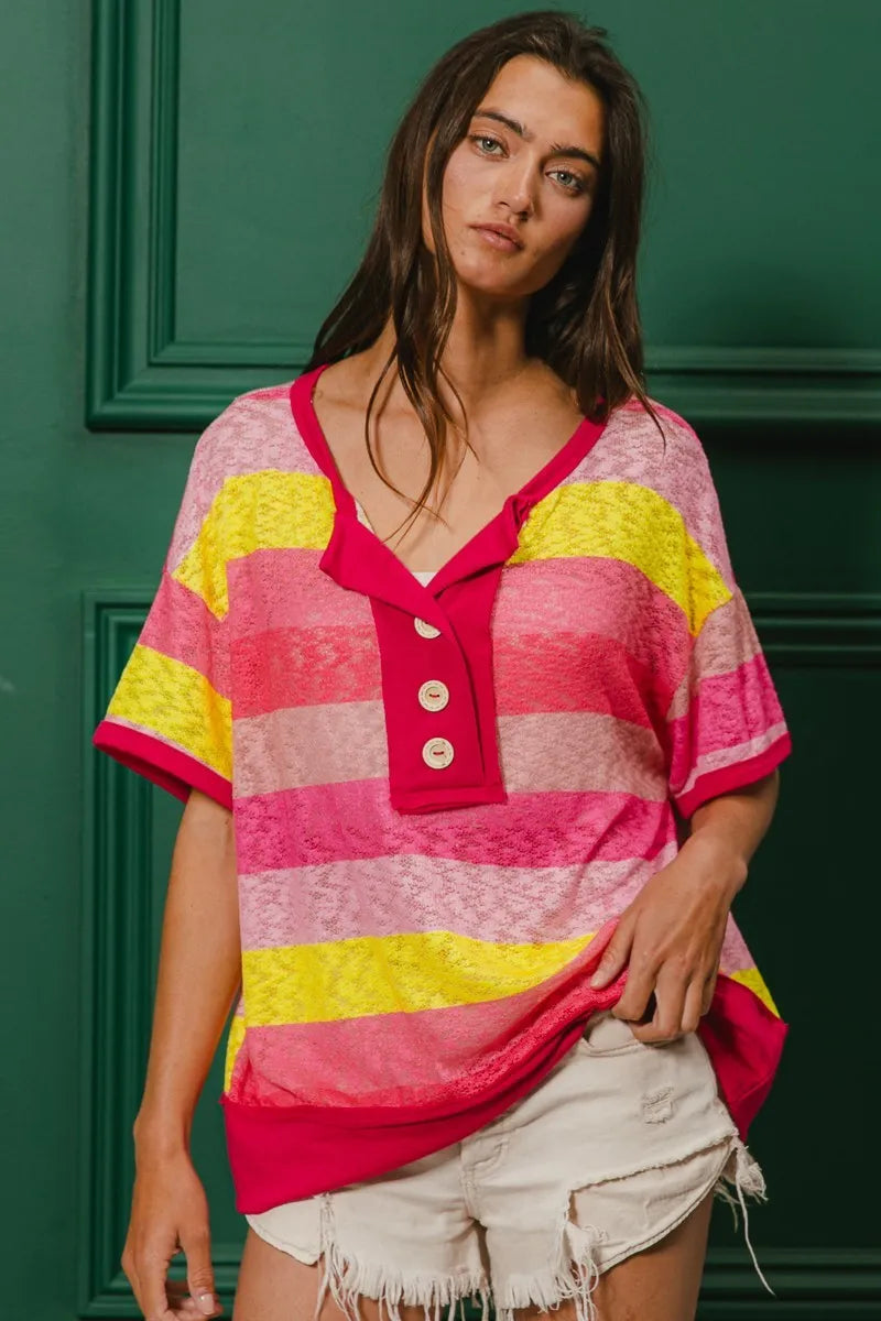 BiBi Multi Color Stripe Hacci Button Detail Ringer Top FUCHSIA YELLOW 1bdbfdbec3654c519272187f94a860ba-Max-Origin
