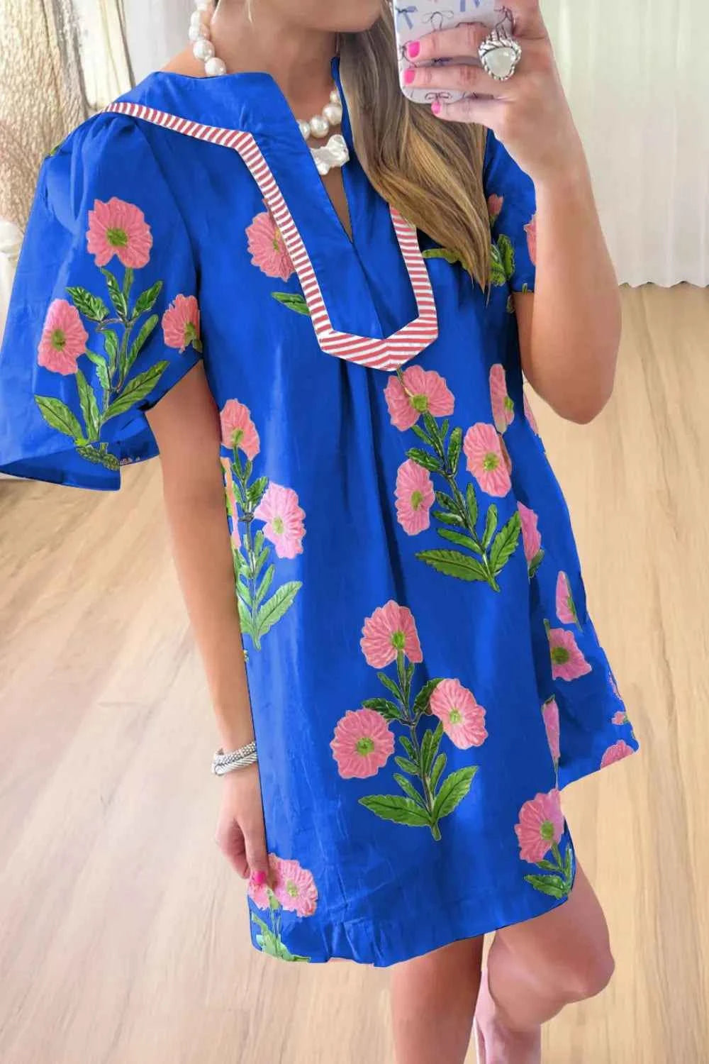 Floral Notched Summer Mini Dress with Striped Trim Royal Blue 1bde8ba7-722a-4623-887e-6723cb9b80ab-Max-Origin