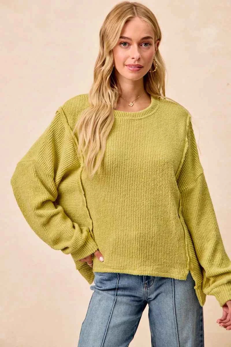 BiBi Boucle Rib Knit Uneven Hem Sweater With Open Seam 1be0c6a2745e4523aed6b4e38157a12e-Max-Origin