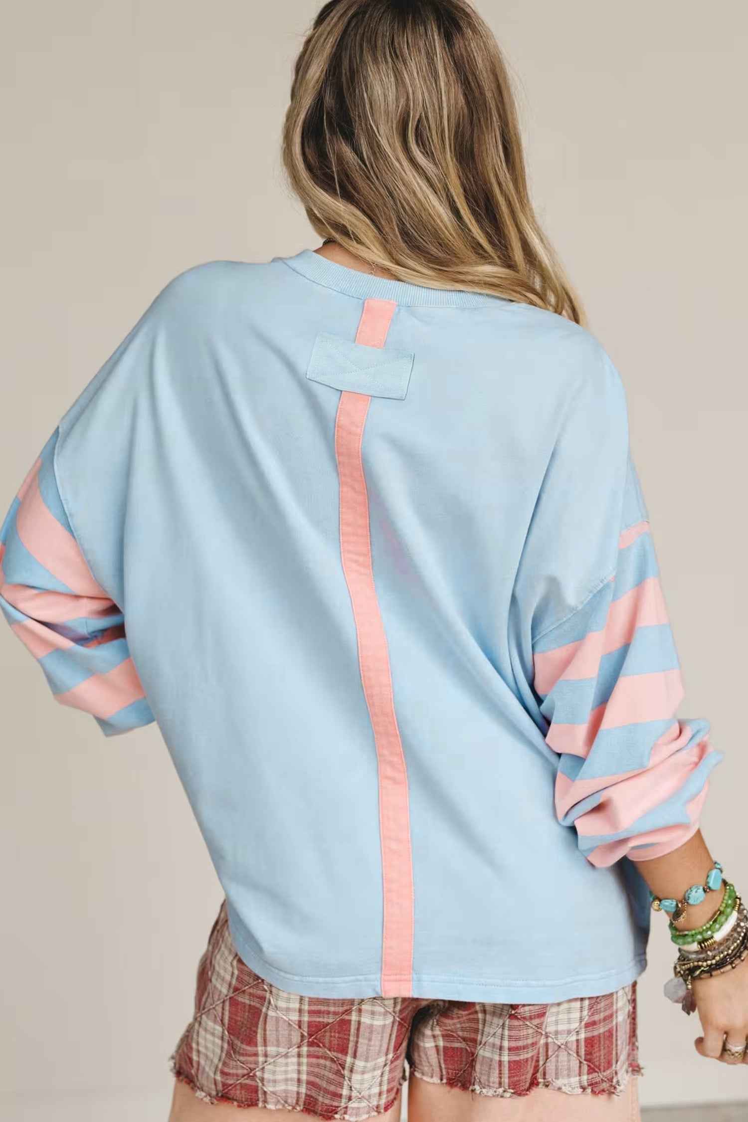 Beau Blue Big Flower Patch Drop Shoulder Striped Long Sleeve Top 1be135beb26c1dd1