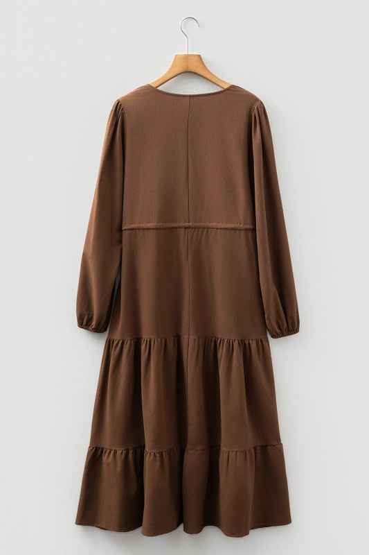Solid Buttoned V-Neck Long Sleeve Tiered Maxi Dres 1be374c0-aaf8-40cd-a1e4-d93a7003d6e0