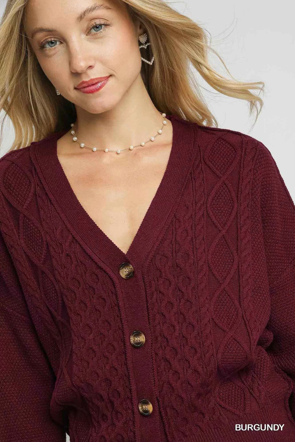 Umgee Chunky Cable Knit V-Neck Button-Up Cardigan 1bee788c-098b-4f2d-8fd4-acf890ed8427-Max-Origin
