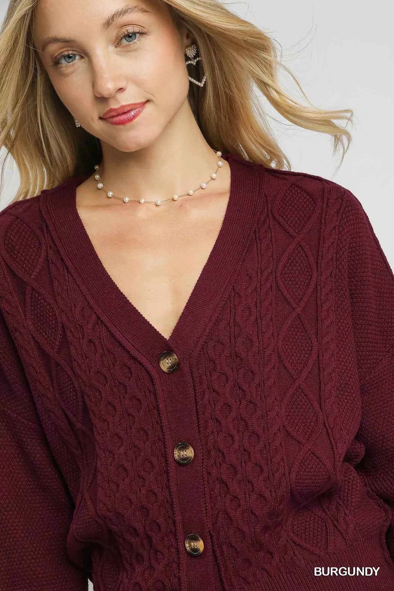 Umgee Chunky Cable Knit V-Neck Button-Up Cardigan 1bee788c-098b-4f2d-8fd4-acf890ed8427-Max-Origin