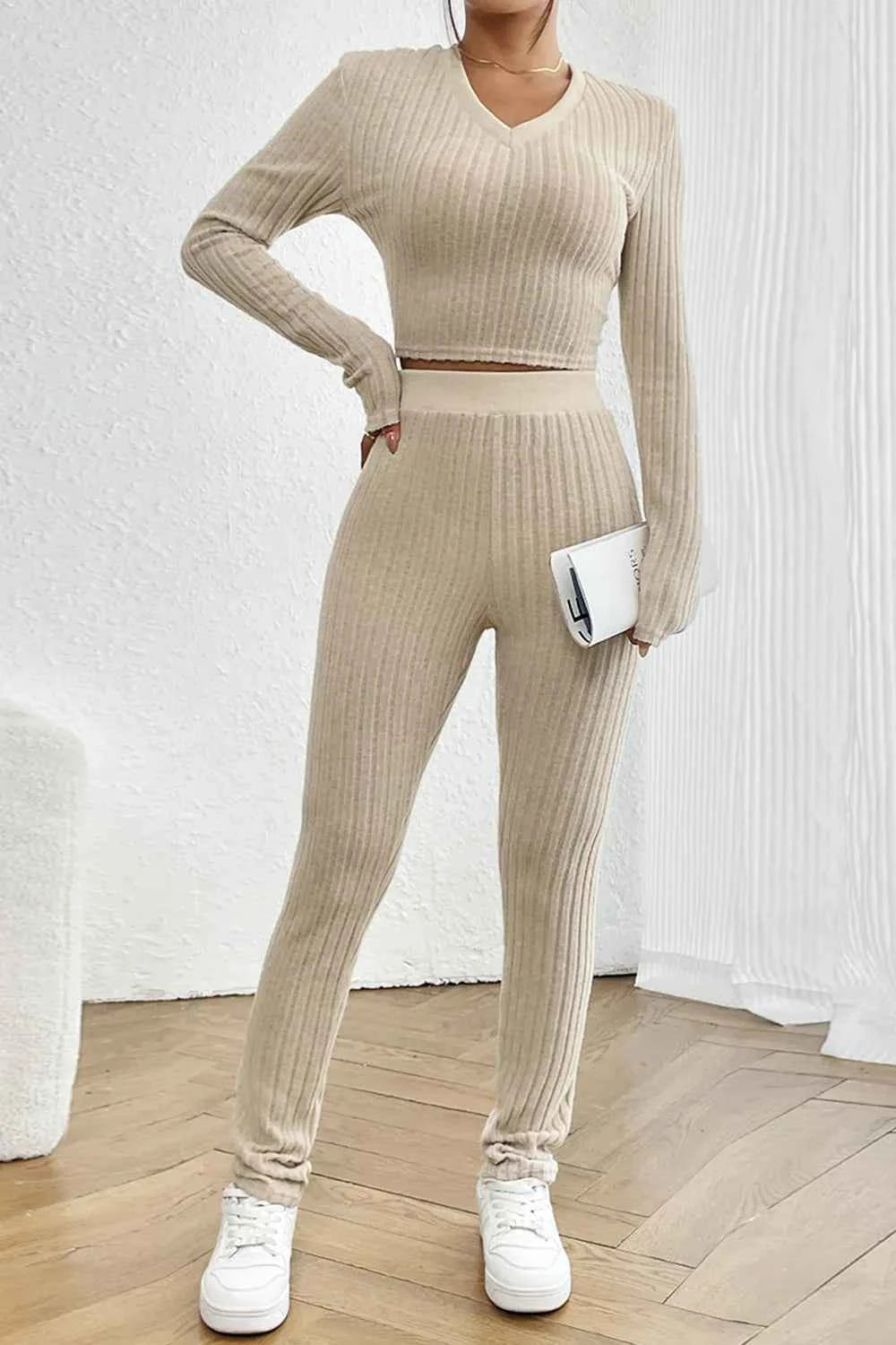 Ribbed V-Neck Long Sleeve Cropped Top and Pants Set Beige 1bef54af-94da-4f59-b257-4bfb4bb7a4ef-Max