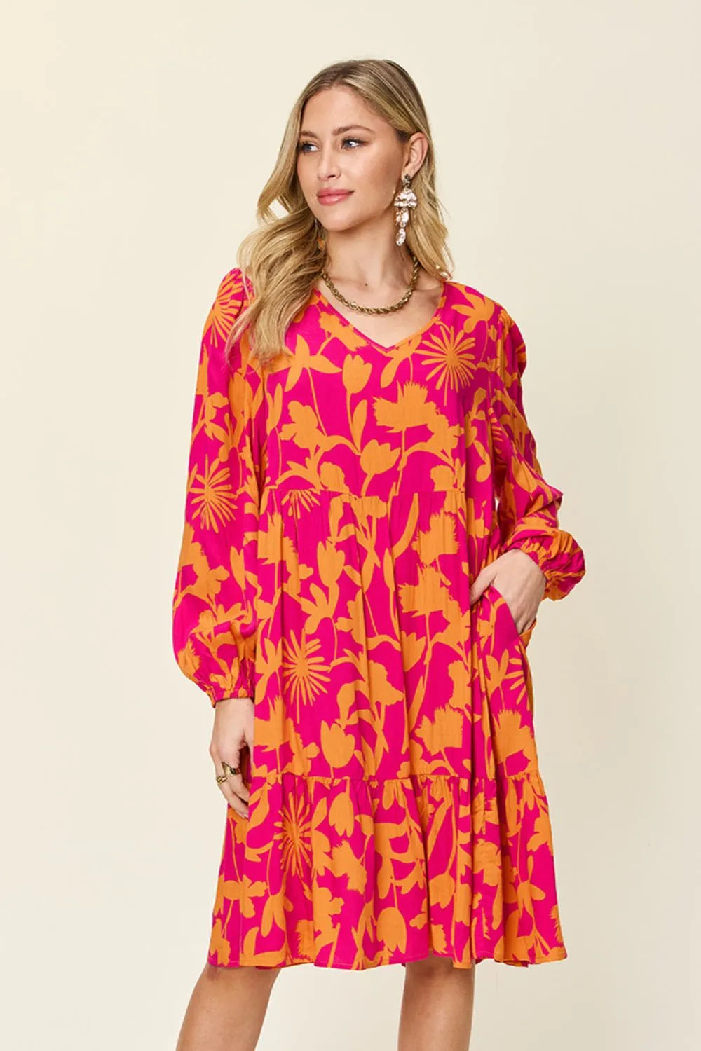 Double Take Full Size Printed Ruffle Hem Dress with Pocket Hot Pink 1bf0362c-3011-4018-8796-c04d8ae54084-Max