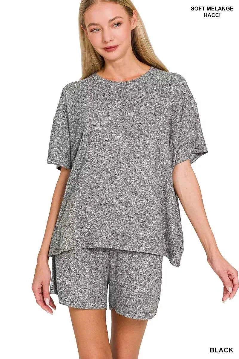 Zenana Soft Melange Short Sleeve Tee and Shorts Set BLACK 1bf1a3431074405ca4f74cba238c75e5-Max-Origin