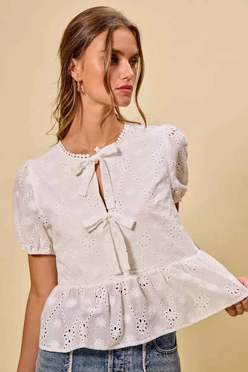 SO ME Cotton Eyelet Front Tie Short Sleeves Blouse 1bf301c079ff4900a2185b0abe55ef66-Max-Origin