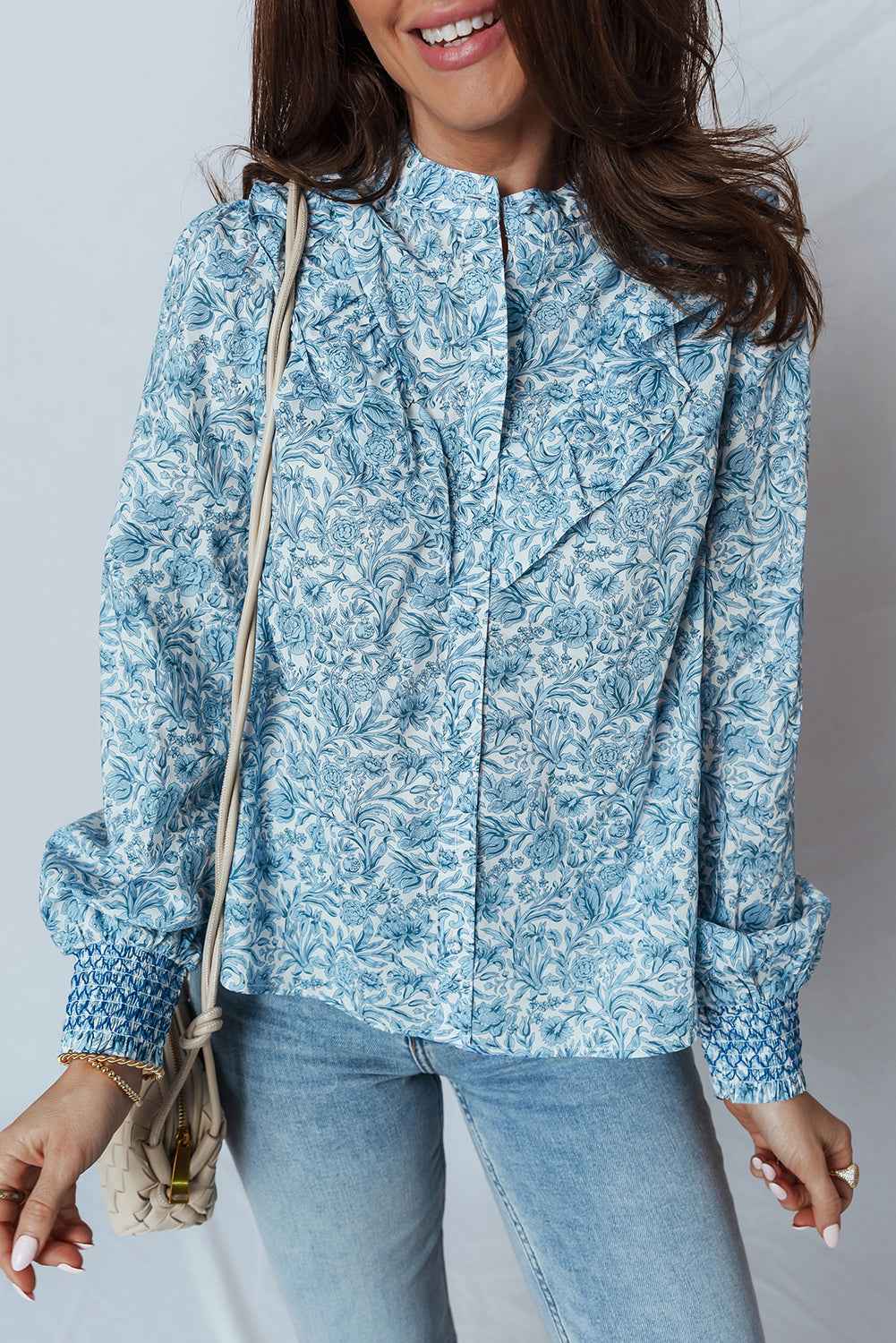 Sky Blue All Over Floral Puff Sleeve Shirt Sky Blue 100%Polyester 1bf33c70517201e0