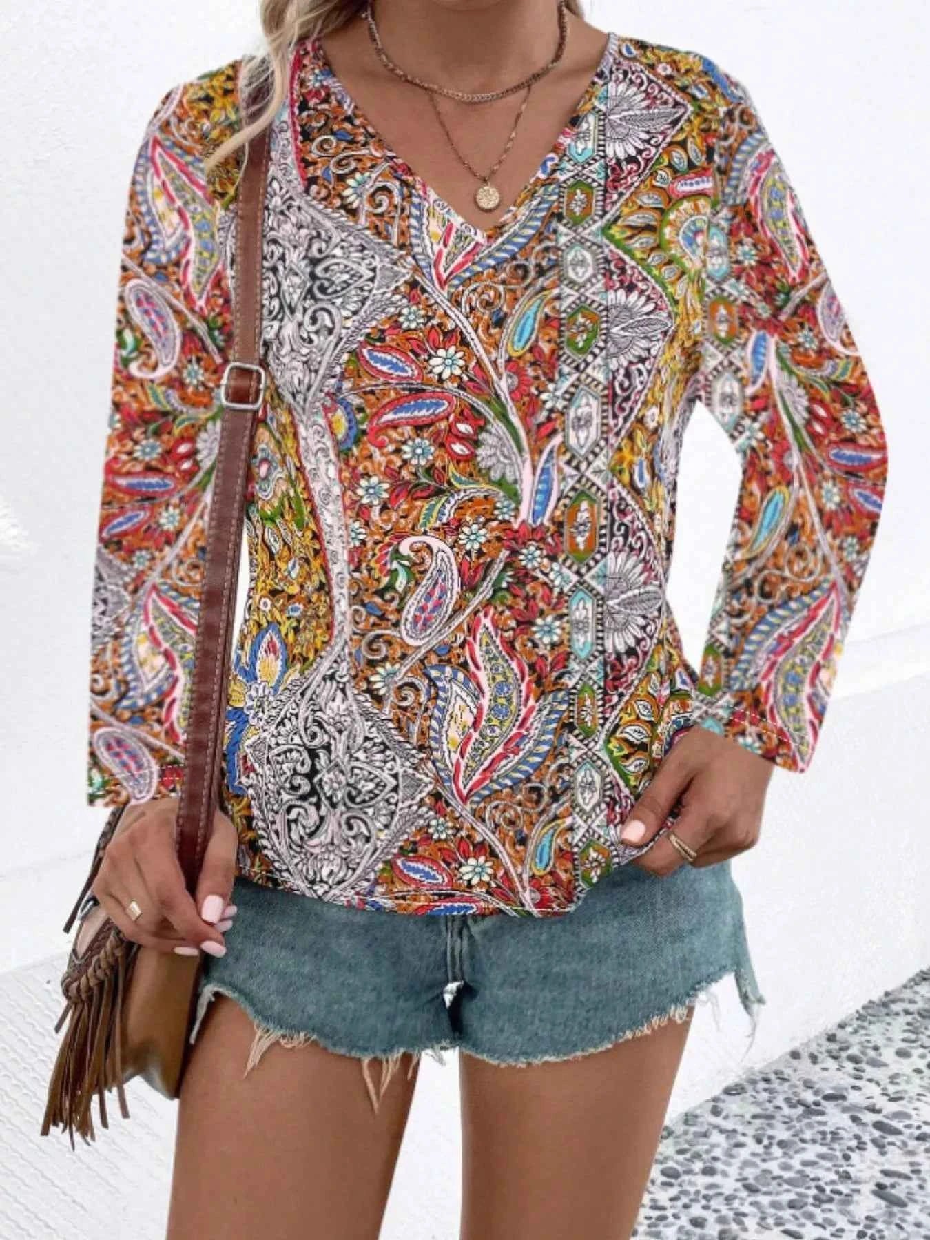 Printed V-Neck Long Sleeve Blouse 1bf45a8c-413a-4ca7-b960-bc095e4f6622-Max-Origin