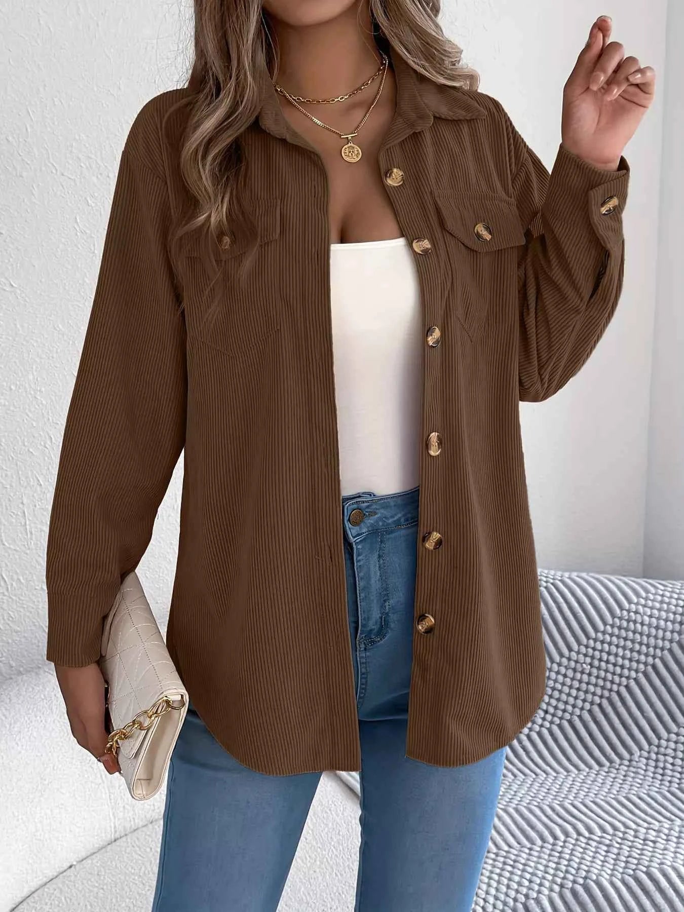 Corduroy Button-Up Long Sleeve Shacket Coffee Brown 1bf49dbfc4074e48991ac785e2bf9569-Max-Origin