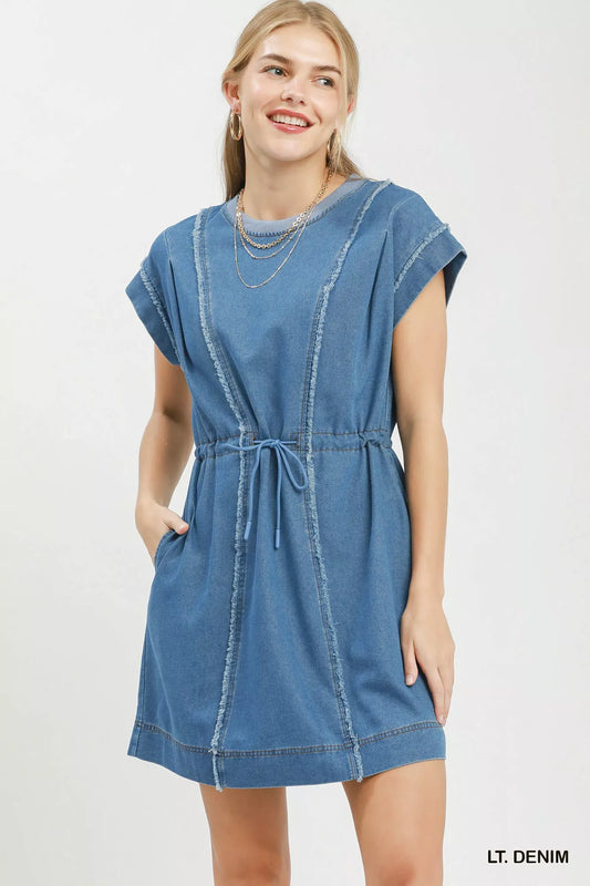 Drawstring Waist Frayed Denim Mini Dress LT. DENIM 1bf73714-0aad-4f12-9388-1f9b7523cf20-Max-Origin
