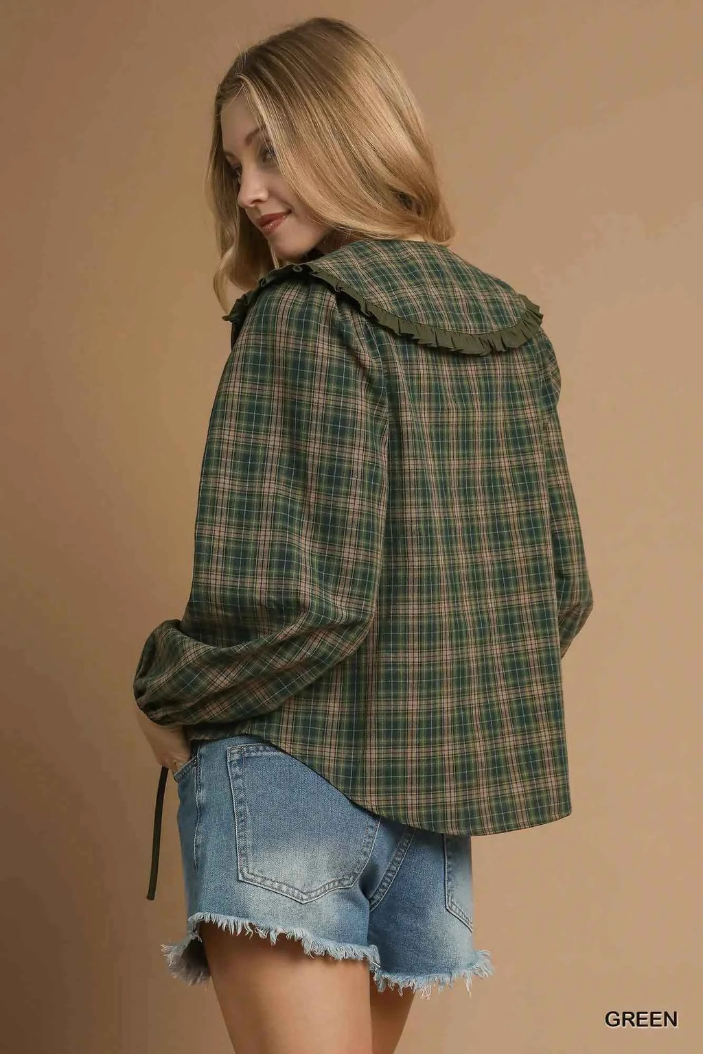 Umgee Full Size Plaid Ruffle Collar Blouse Plus Size 1bfc827d-8e4b-4f3f-b32f-11f66f6f7f9a-Max-Origin