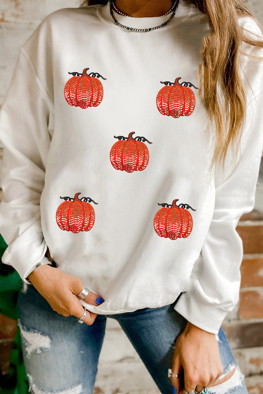 White Sequin Pumpkin Patched Drop Shoulder Sweatshirt 1c00b8060132714d