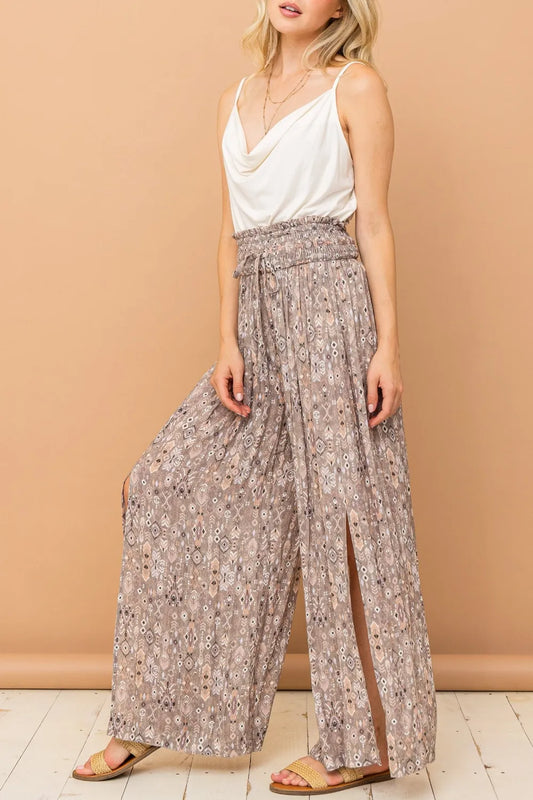 Printed Smocked Waist Slit Wide Leg Pants - 100% Rayon 1c06b504-c2d9-4adf-b248-590309768046-Max