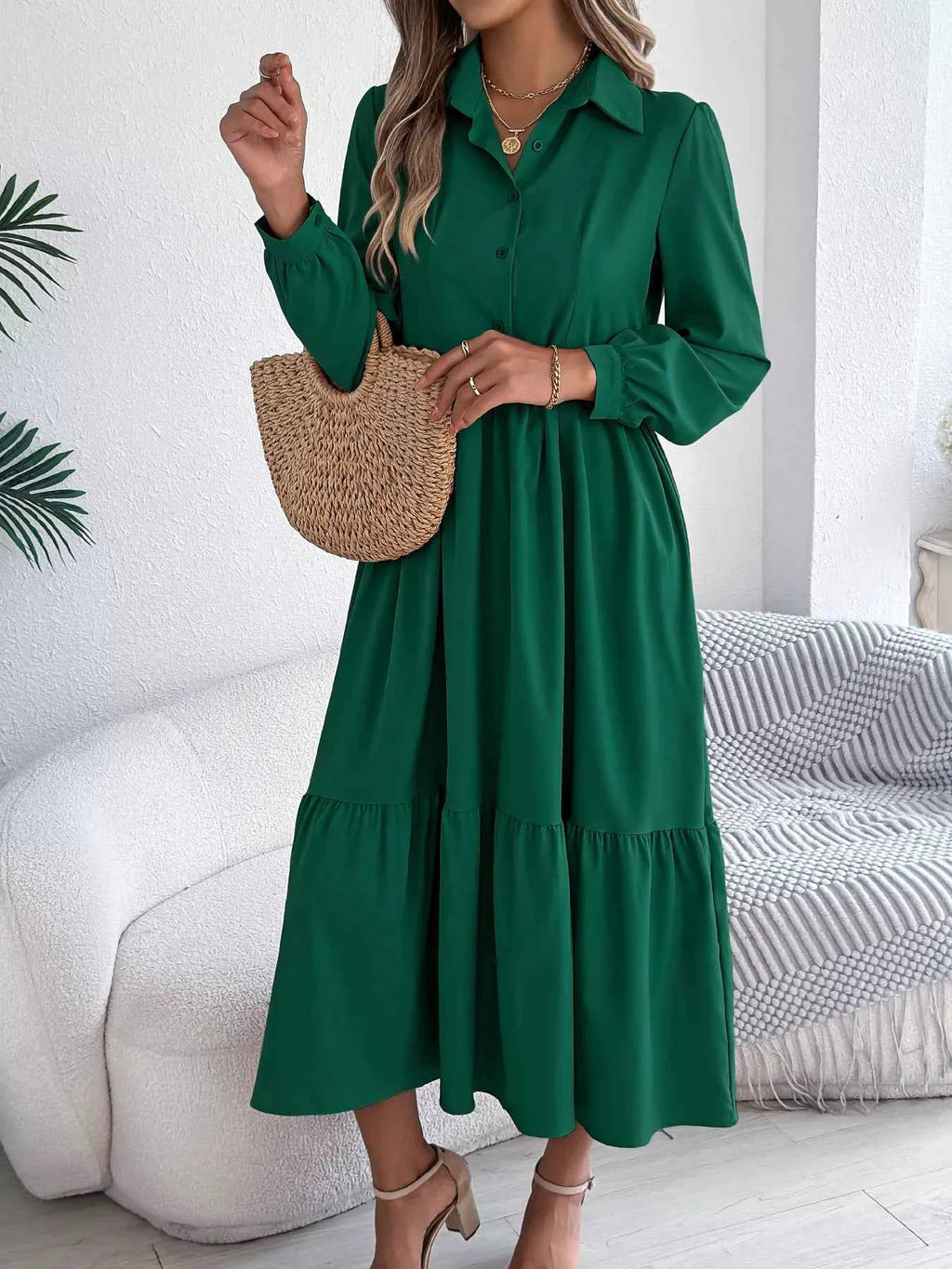 Long Sleeve Tiered Button Front Midi Dress 1c14d40d60c24719b0bc8c9b384c1a78-Max-Origin