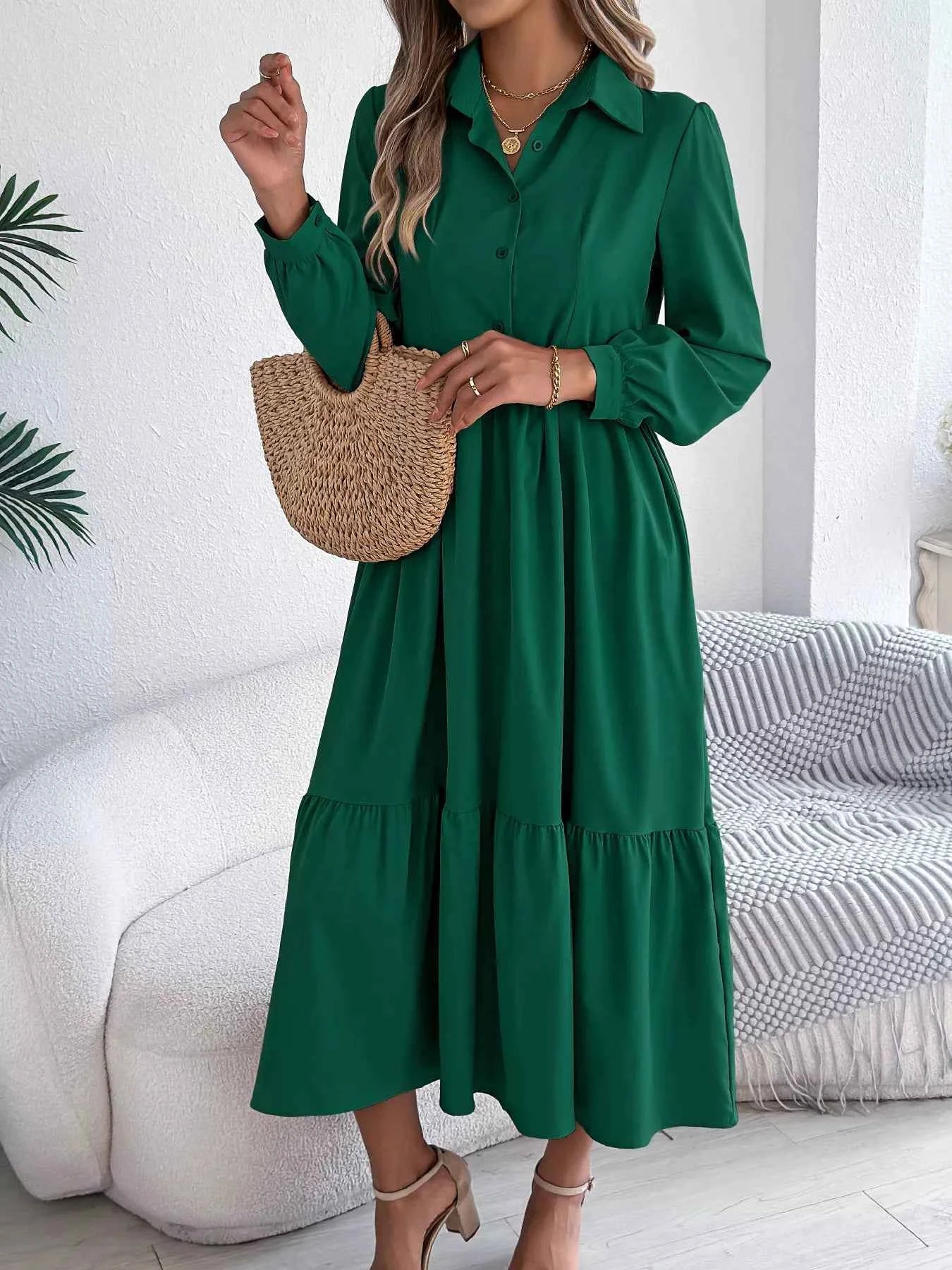 Long Sleeve Tiered Button Front Midi Dress 1c14d40d60c24719b0bc8c9b384c1a78-Max-Origin