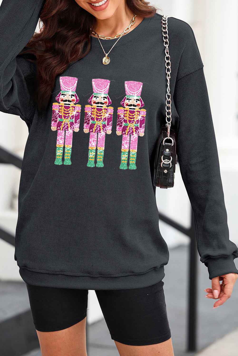 Black Nutcracker Graphic Sequins Patch Mineral Wash Corded Sweatshirt 1c1ba809be2cc0fa