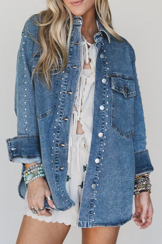 Sail Blue Rivet Embellished Western Style Regular Fit Long Sleeve Denim Jacket 1c1bcc79ba12cb50